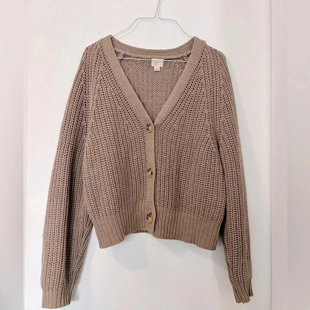 A New Day Tan Ribbed Buttoned Long Sleeve Top